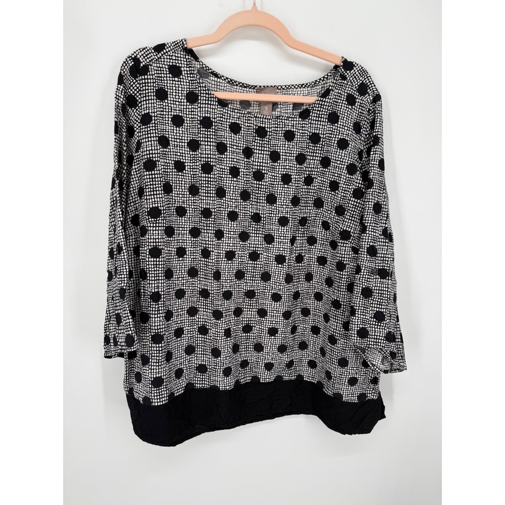 Chico's Blouse Women Size 3 Black White Polka Dot Grid 3/4 Sleeve Scoop Neck